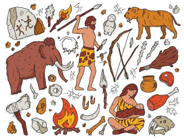 Vektor höhlenmenschen und neandertaler im steinzeit-vektor-doodle-set mit alten primitiven menschen