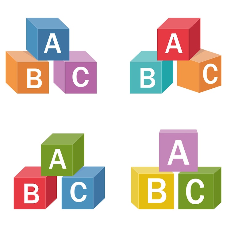 Vektor hölzerne alphabetwürfel mit buchstaben abc-farbvektor isolierte illustration
