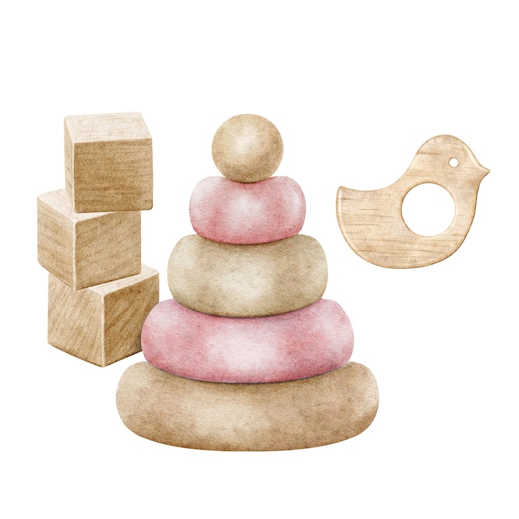 Vektor hölzerne babywürfel, pyramide und zähner, pädagogisches spielzeug für kinder, satz von öko-spielzeug, aquarell