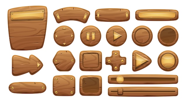 Hölzerne Benutzeroberfläche 2D-Spiel Cartoon Holztasten und Menüelemente der Benutzeroberfläche leeres Schild und Banner Isolierte Sammlung von Vektorspiel-Assets