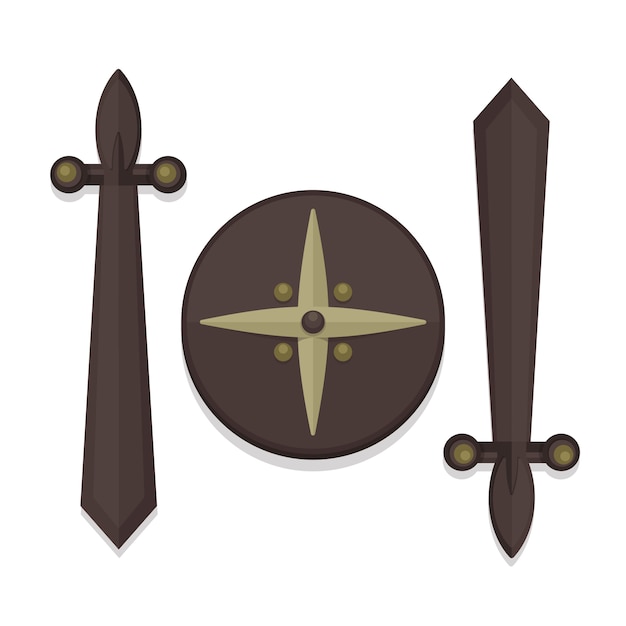 Hölzernes Schild und Schwert entwerfen Ikone im flachen Stil. Vektor moderne Abbildung