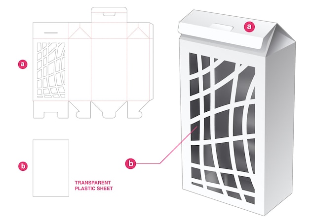 Hohe hausverpackung und abstraktes fenster mit durchsichtiger plastikfolien-stanzschablone