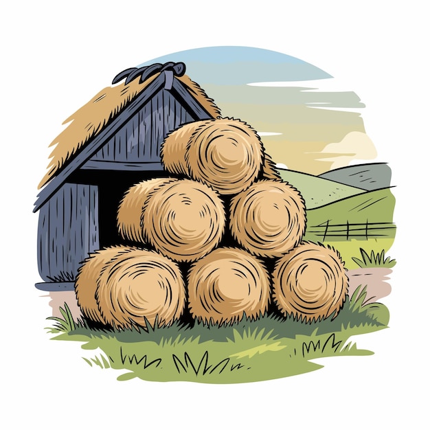 Hohenballen vor einer Scheune auf einer Farm