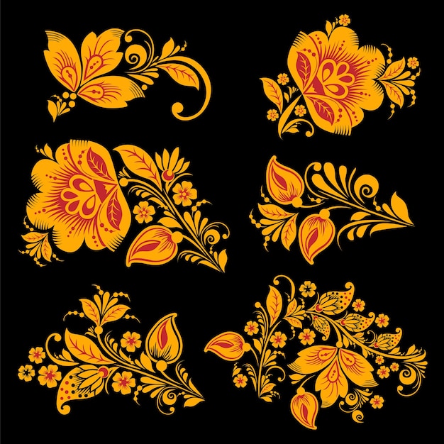 Hohloma Dekorelementkollektion. Klassisches Khokhloma-Blumenset