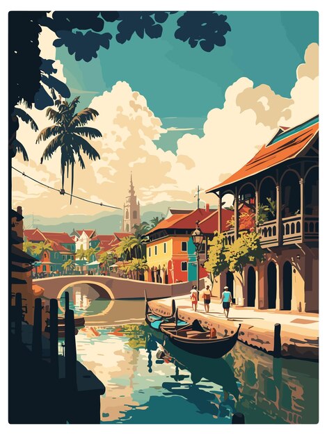 Vektor hoi an vietnam vintage reiseposter souvenir postkarten porträtmalerei wpa-illustration