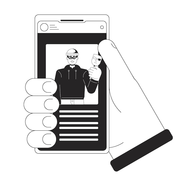 Holding smartphone bw concept vector spot illustration Identitätsdiebstahl Cyber-Dieb 2D-Cartoon flache Linie monochromatische Hand für Web-UI-Design Cybercrime bearbeitbar isolierter Umriss Held Bild