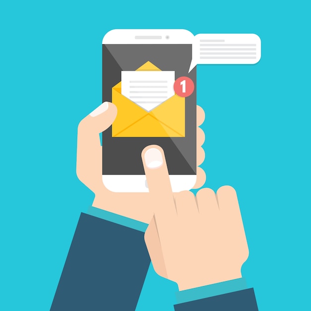 Holen Sie sich das E-Mail-Konzept. Hand hält Smartphone mit Benachrichtigung.