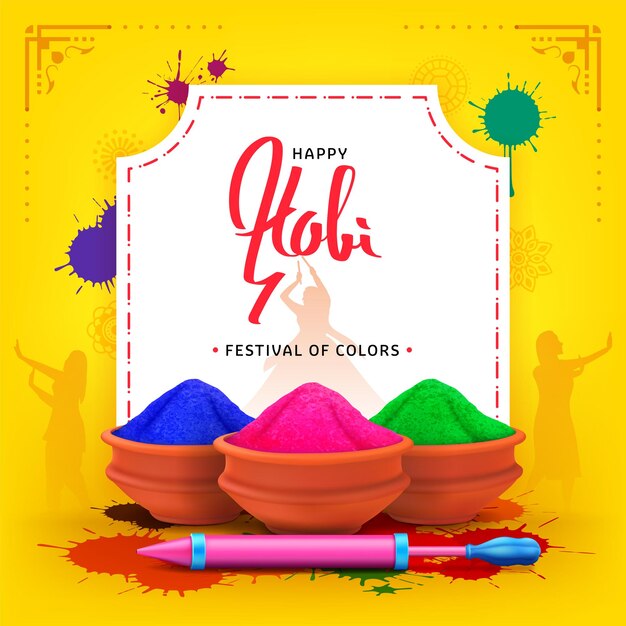 Holi-festival-illustration mit farbenfrohem flüssigkeitssplatter gulal in lehmtopf und wasserpistole pichkari