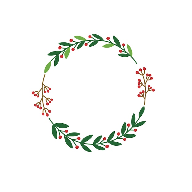 Vektor holly christmas wreath hand gezeichnete illustration, roter und grüner blumendekorationskreisrahmen für text