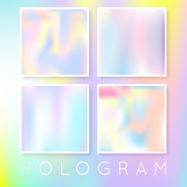 Hologramm abstrakte hintergründe eingestellt. bunte farbverlaufskulisse mit hologramm. 90er, 80er retro-stil. perlglanz-grafikvorlage für broschüre, flyer, poster, tapete, handy-bildschirm.