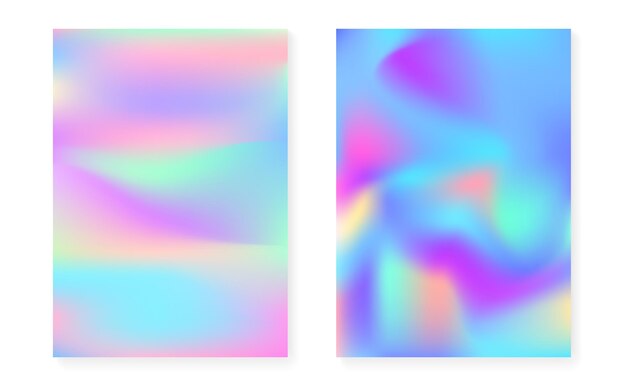 Holographischer Steigungshintergrundsatz mit Hologrammabdeckung. 90er, 80er Retro-Stil. Perlglanz-Grafikvorlage für Plakat, Präsentation, Banner, Broschüre. Spektrum minimaler holographischer Gradient.
