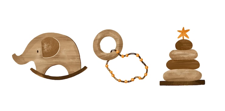 Vektor holz elefant-auto-rakete elefant-pyramide-spielzeug für kinder s