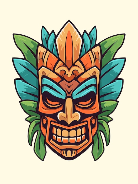 Vektor holz-tiki-maske, stammeshandgezeichnete logo-design-illustration