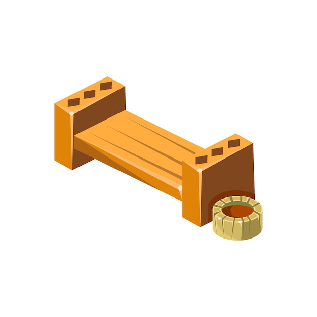 Vektor holzbank mit leerem blumenbeet-isometrischem garten-landschaftsgestaltungselement