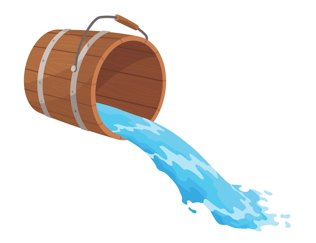 Holzeimer mit wasser und griff behälter mit fließendem wasser für spa-sauna flüssiges gießen mit spritzer vektor-illustration isoliert auf weißem hintergrund