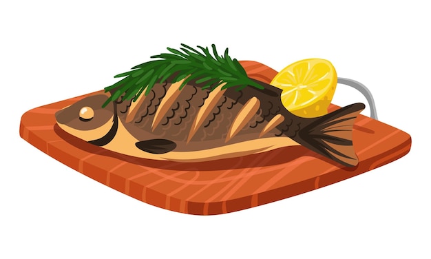Holzhackbrett mit ganzem gebratenen Fischen und Gewürze mit Rosmarin, Zitrone, Grillfisch