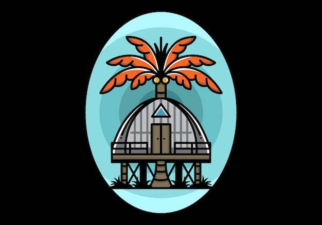 Holzhaus mit großem kokosnussbaum-abzeichendesign