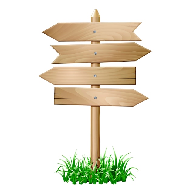 Vektor holzschild mit leeren pfeilen auf weißem hintergrund. jeder wird einzeln geschossen. wegweiser aus holz im gras. vektor-illustration