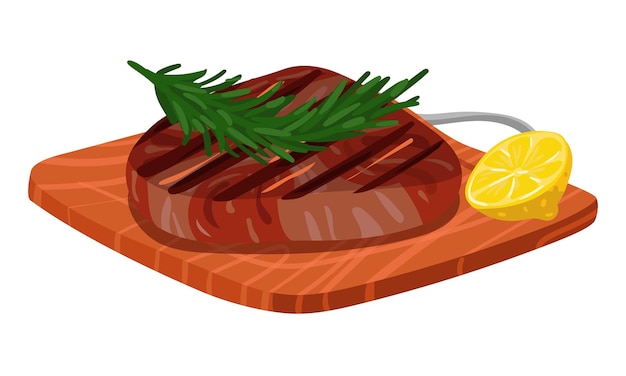 Holzschnittbrett mit Bratfleischsteak Grillfleisch mit Rosmarin und Zitrone Fertiggericht