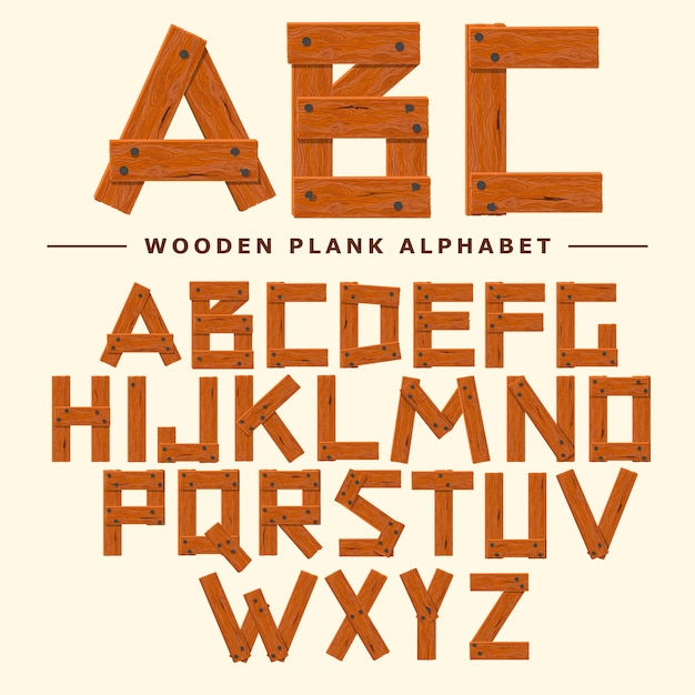 Holzschrift, plank wood tischalphabet. alte bretter mit nägeln abc. cartoon-art-vektor