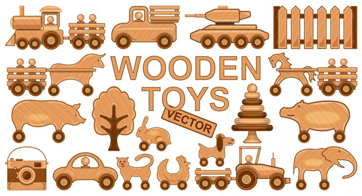 Vektor holzspielzeugillustration auf weißem hintergrund. isolierte karikatursatzikonenholzpuppe. cartoon set icon holzspielzeug.