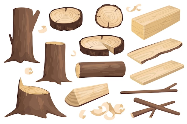 Holzstämme setzen grafische Elemente in flachem Design Bündel verschiedener Arten von Baumstämmen Stümpfe Holzbretter runde Schnitte mit Ringmustern Zweigen und Spänen Vektorgrafiken isolierte Objekte