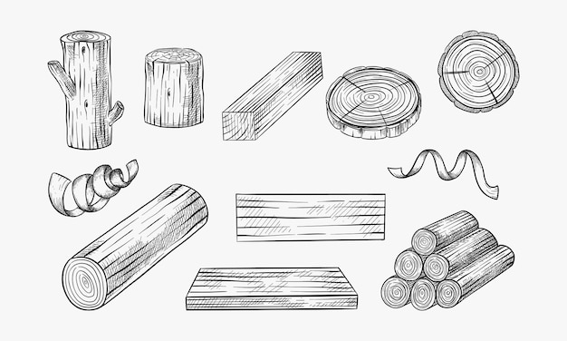 Vektor holzstämme, stamm und bretter, vektorskizze, illustration. handgezeichnete holzmaterialien, brennholz-set