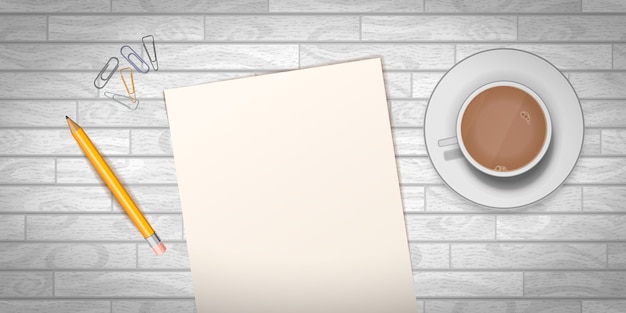 Holztisch mit Tasse Kaffee und leerer Dokumentenschablone