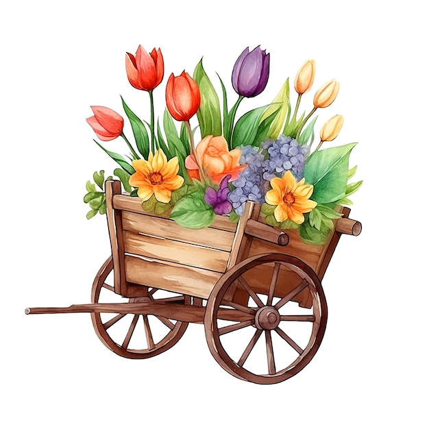 Holzwagen mit Blumen-Aquarell-Ilustration