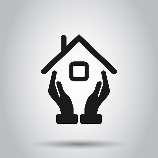 Home-care-symbol im flachen stil hand-hold-haus-vektor-illustration auf isoliertem hintergrund gebäudequalität geschäftskonzept