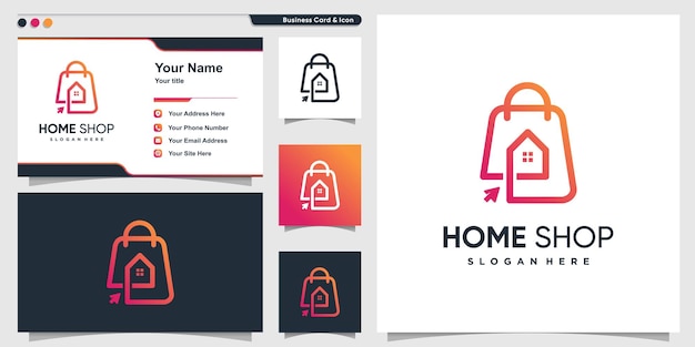Home-logo mit tasche und pfeil-stil und visitenkarten-designschablone premium-vektor
