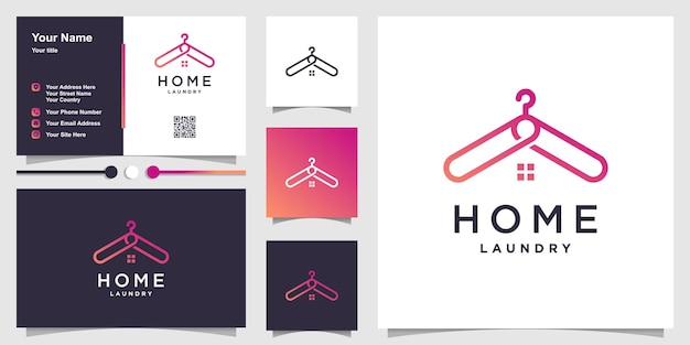 Home logo vorlage mit kleiderhakenkonzept und visitenkartendesign premium vektoren