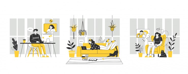 Home-Office-Arbeitsplatz. Digitale Vektorillustration. Heimarbeit. Bleib zu Hause Konzept. Coronavirus, Quarantäneisolierung. Technologiekommunikation.