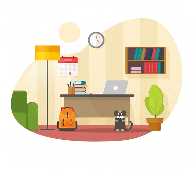 Home Office Innenarbeitsplatz mit Tisch Schreibtisch leer oder Desktop Arbeitsplatz Raum mit Laptop-Computer mit niemandem Vorderansicht flache Cartoon Illustration modernes Design, Lernen, Arbeitsbereich studieren