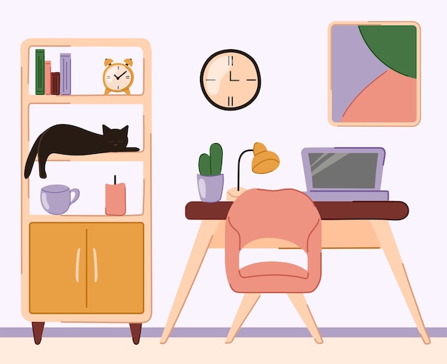 Home-Office-Interieur mit Katze im Doodle-Flachstil Arbeitsplatz im Haus Vektorillustration