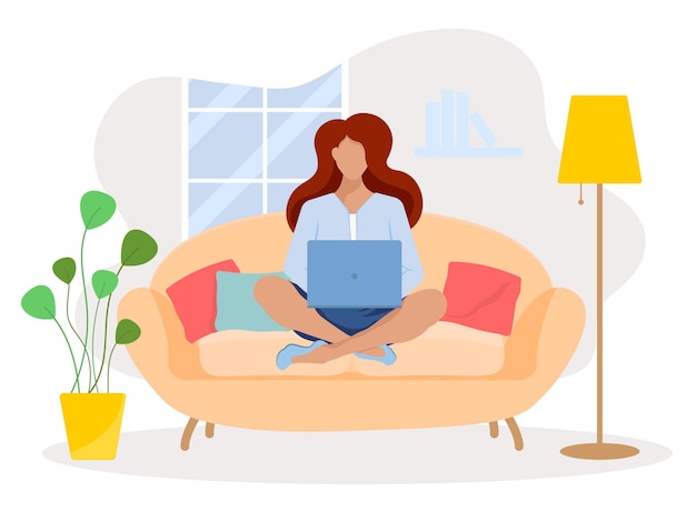 Home-Office-Konzept, Frau, die von zu Hause aus auf einem Sofa sitzt, Studentin oder Freiberuflerin