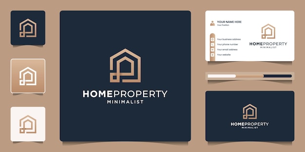 Home real estate logo design-vorlage mit goldenem branding. kreatives liniensymbol für den hausbau.