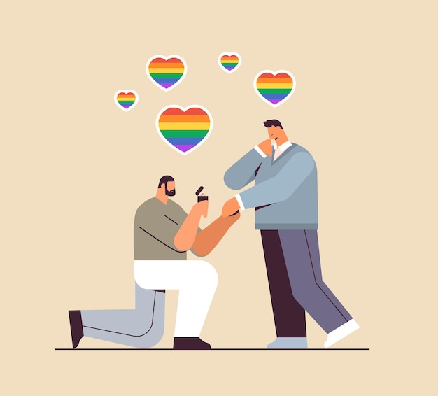 Vektor homosexuell, das vorschlägt, mit verlobungsring auf knien zu liegen, transgender-liebe lgbt-community-konzept