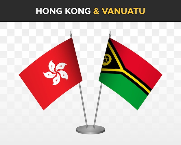 Hong kong vs vanuatu tischflaggen mockup isoliert 3d-vektorillustration tischflagge