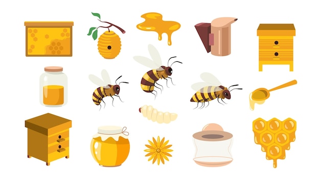 Honig-Cartoon-Sammlung Imkerei süße Elemente Honigbiene Bienenwachs Bienenstock Waben Bio-Bienen-Imkereiprodukte Vektor-Flachsatz