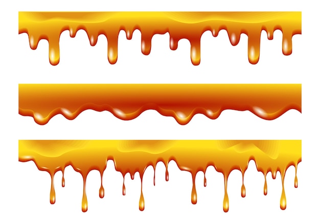 Vektor honig fließt und tropft ab ahornsirup karamell und süße zuckersauce schmelzen. schmelzender honigtropfen