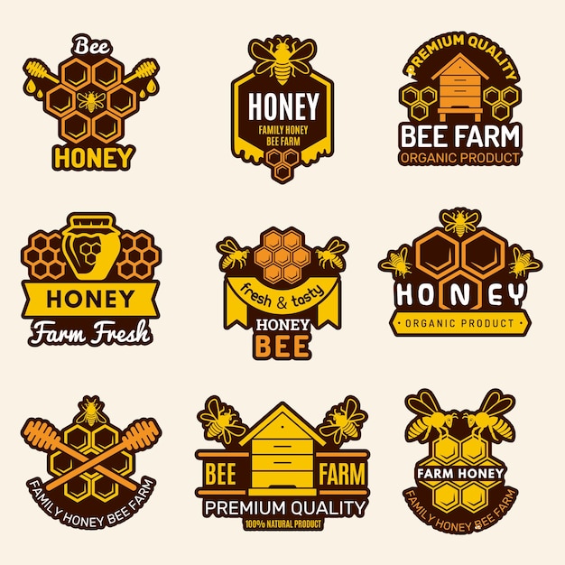 Honig-logo. bienenhaus abzeichen bienenzeichen für organische gesunde natürliche lebensmittel vektorvorlagen. bio-naturkost, gesunde wabenillustration