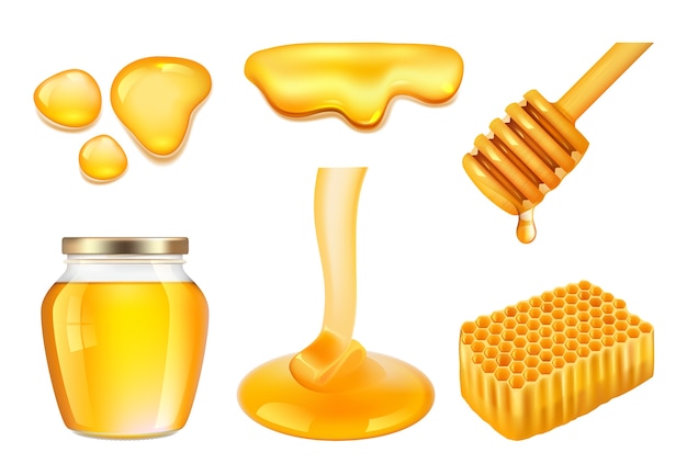 Honigglas. Goldene oder gelbe klebrige Spritzer von realistischen Illustrationen des Bauernhofhonigs und des Wabenvektors. Honigsüße, naturgoldene Bio-Lebensmittel