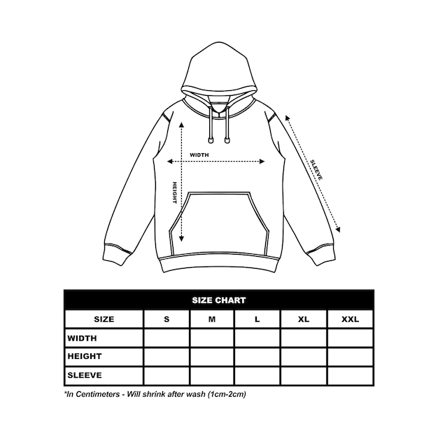 Hoodie-Größentabelle, Pulloverjacke, flache Skizze, Modekleidung, Vektorillustration