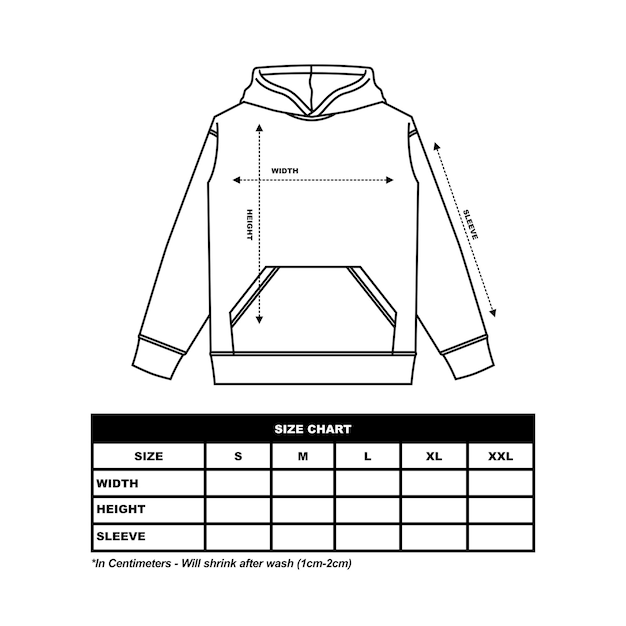 Hoodie-Größentabelle, Pulloverjacke, flache Skizze, Modekleidung, Vektorillustration