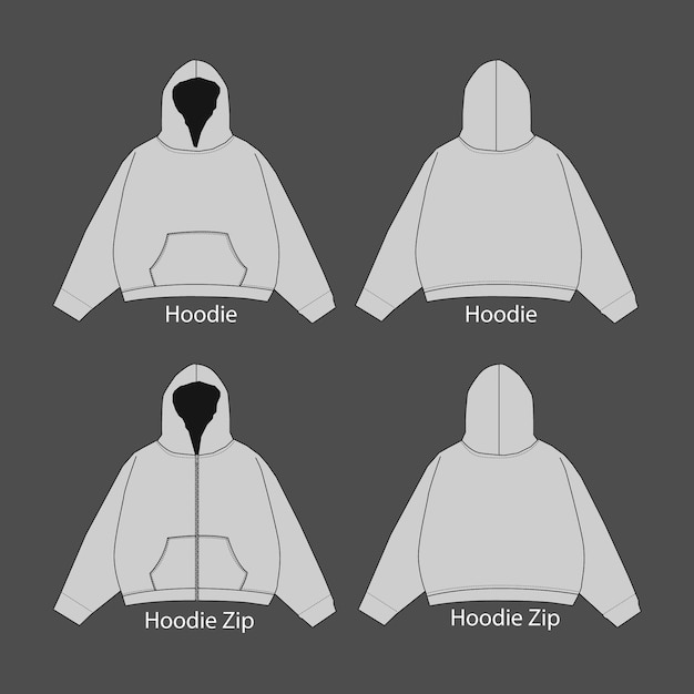 Vektor hoodie-sweatshirt flache technische zeichnung illustration mock-up-vorlage. reißverschluss-hoodie unisex-pullover