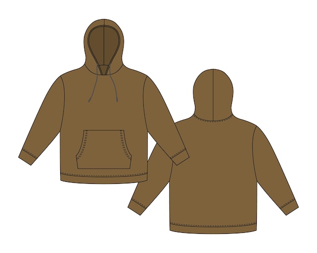 Vektor hoodie-vorlage in brauner farbe bekleidung hoody technische skizze mockup