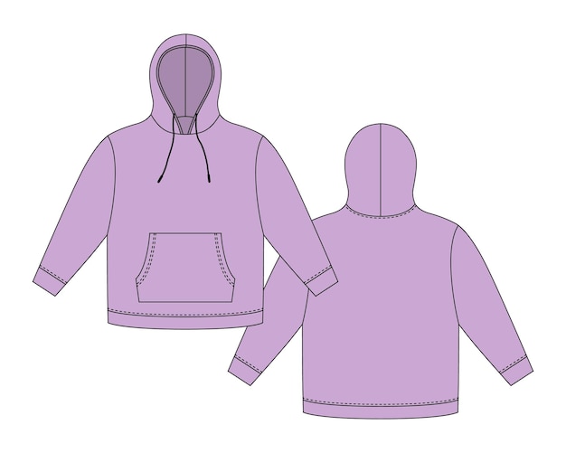 Vektor hoodie-vorlage in pastellvioletter farbe bekleidung hoody technische skizze mockup