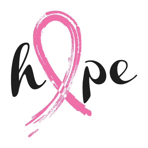 „hope“-schriftzug mit rosa schleife im pinselstil für poster, banner und t-shirt. brustkrebs-bewusstseinskonzept. illustration isoliert auf weißem hintergrund