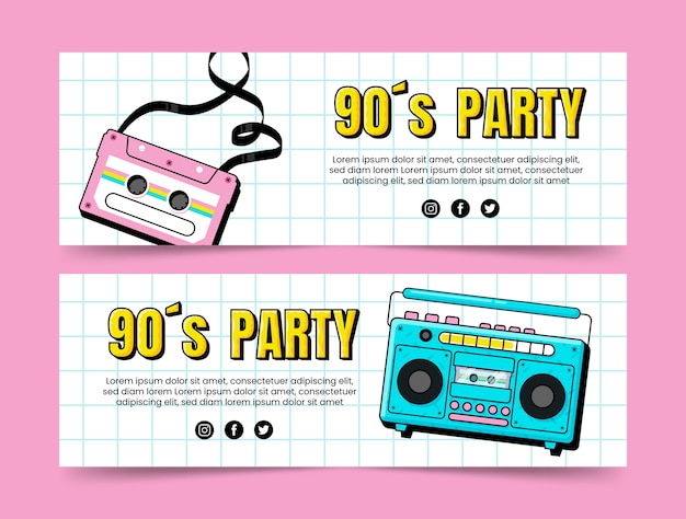 Horizontale banner der retro-90er-party im flachen design